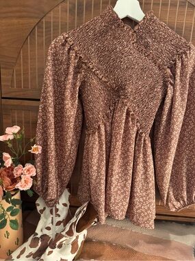 SugarFox Peplum Ruffle Pink Muave women’s Blouse Country Preppy Floral